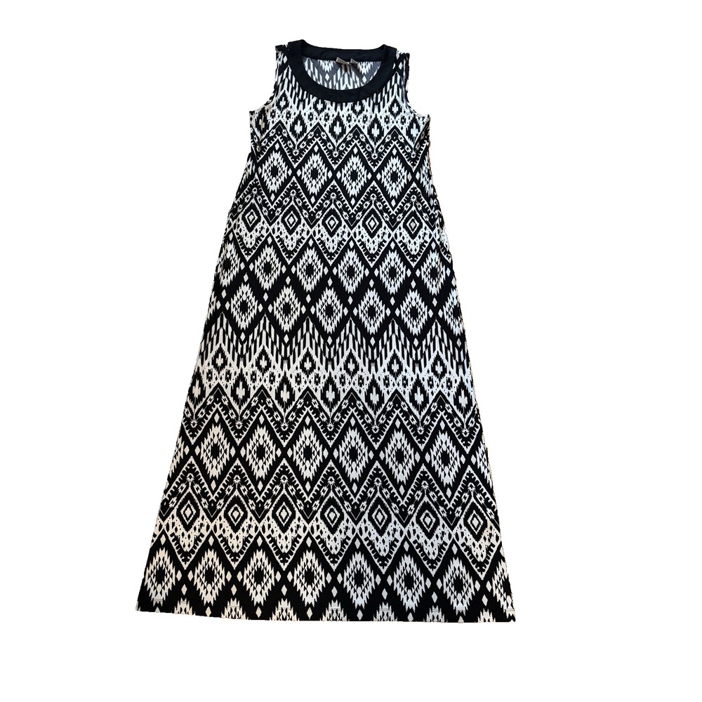 Chico's Size 2 L/12 Maxi Dress Womens Black White Ikat Print Artsy Boho Slinky
